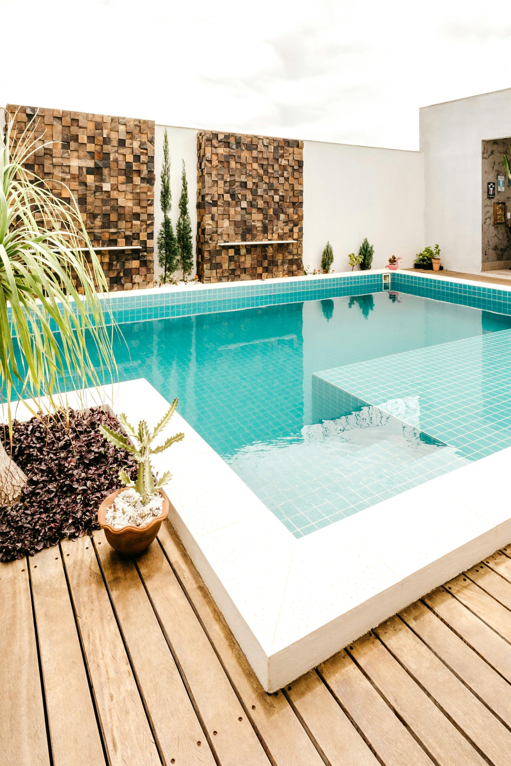 Détails d'aménagement et plantation autour d'une piscine