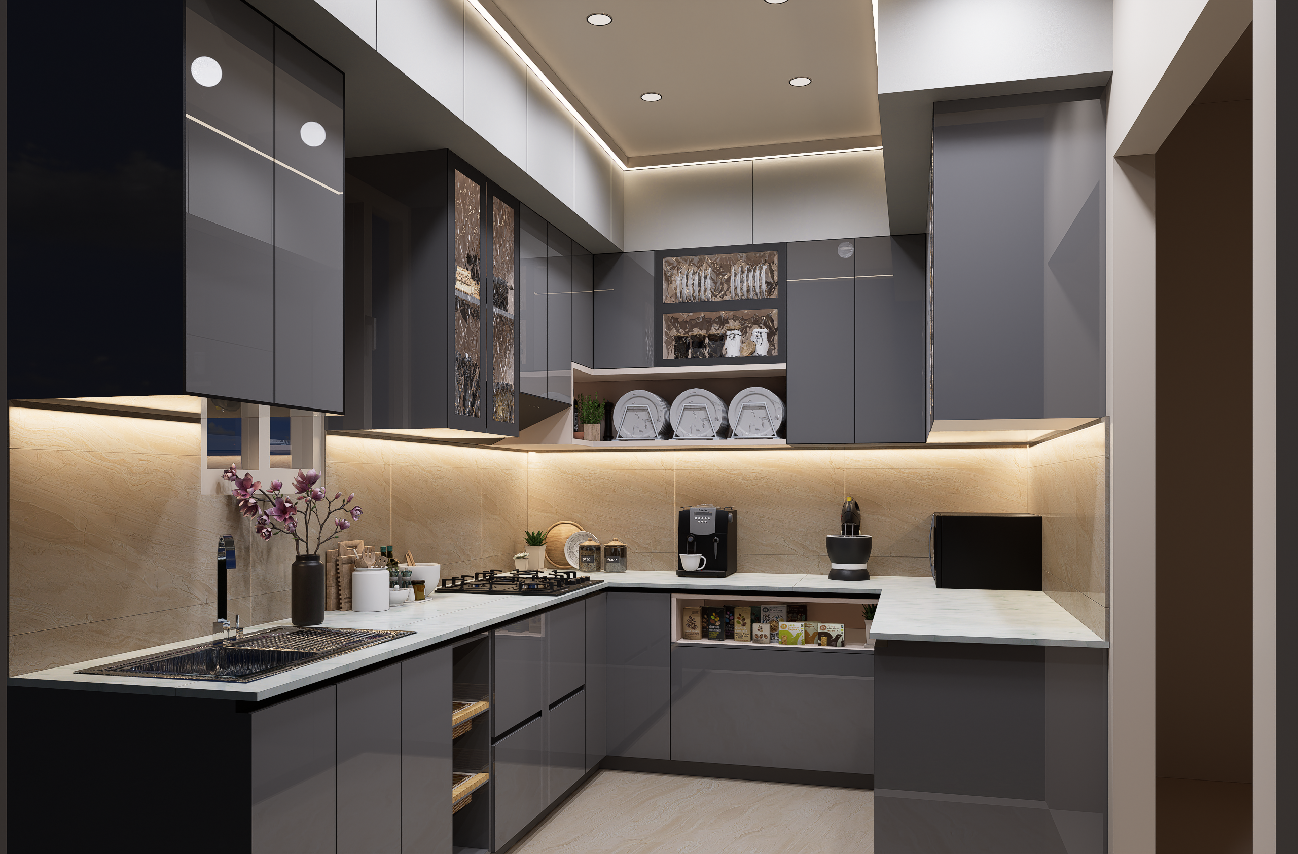 Cuisine grise moderne avec éclairage sous meubles