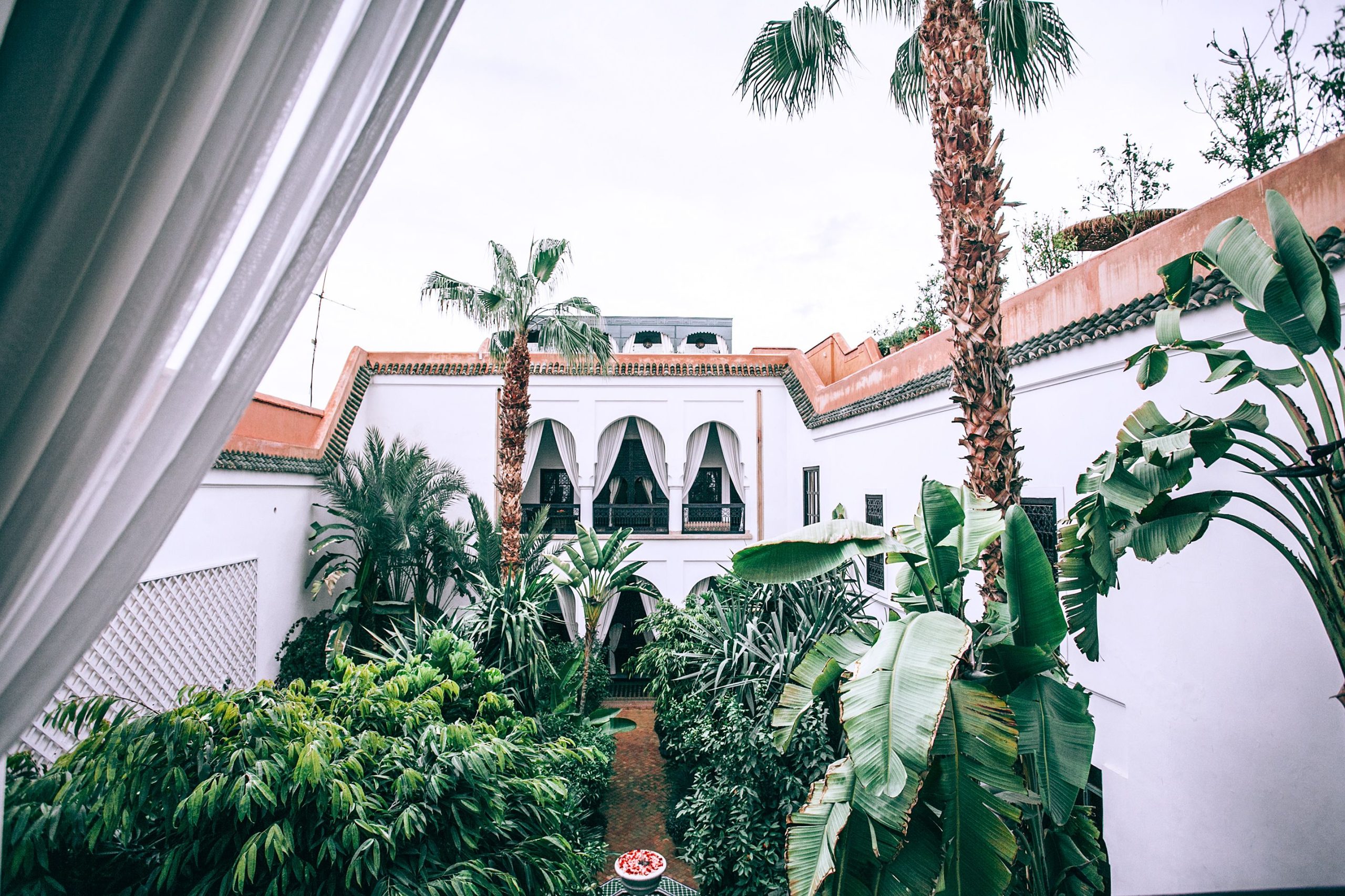 Palais moderne blanc patio arche et jardin exotique